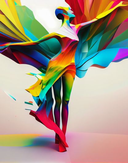 Figura humana estilizada rodeada de formas geométricas fluidas y coloridas.
