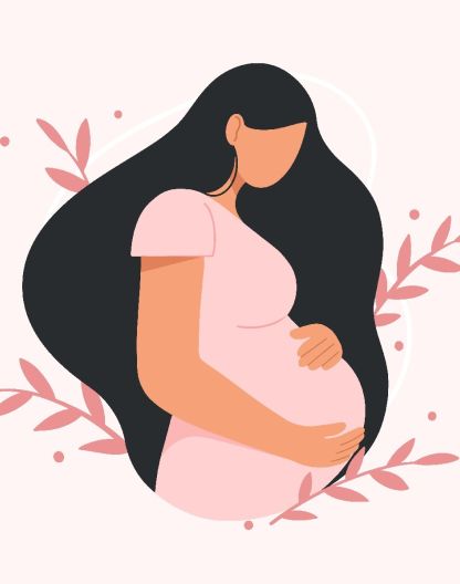 Ilustración de una mujer embarazada que sostiene su vientre, rodeada de ramas decorativas